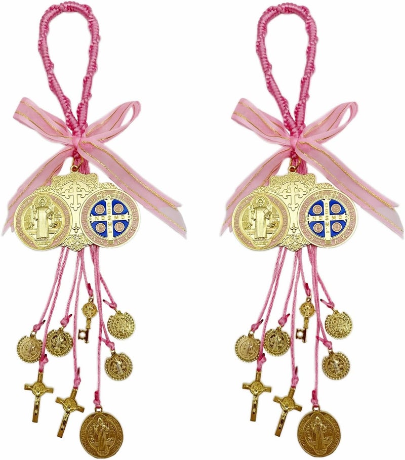Bovemee Escapularios Catolicos,2PCS Golden Saint Benedict Medal Protection Blessing Charm, St Benedict Crucifix, Catholic Handmade Jewelry Gift Car Hanging Home Decor (2PCS Pink Medal) - Image 1